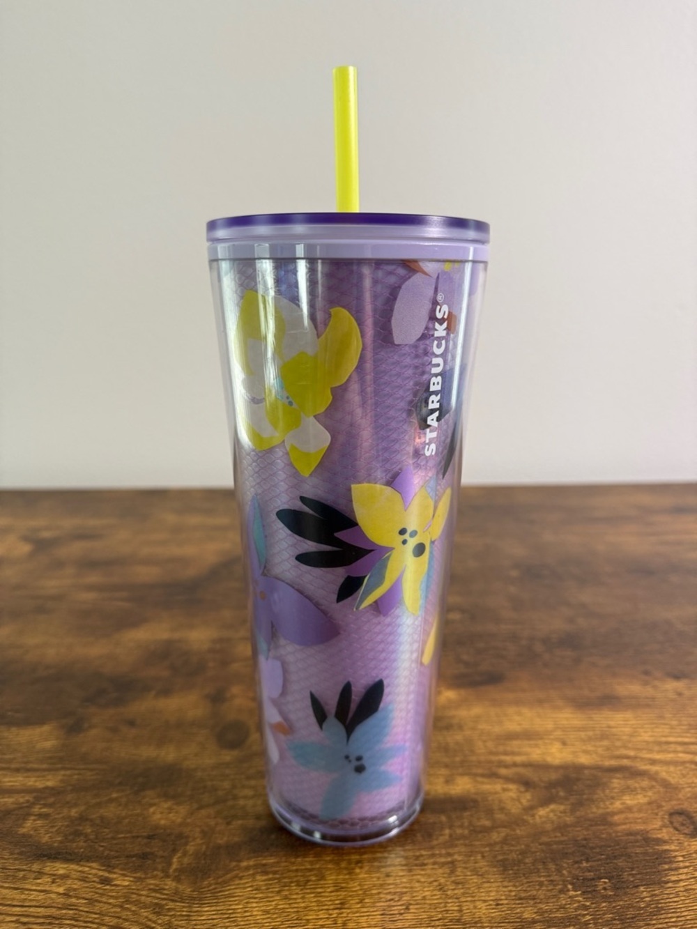 NWT Starbucks Lavender and Yellow Floral Tumbler with Yellow Straw, 24 Oz